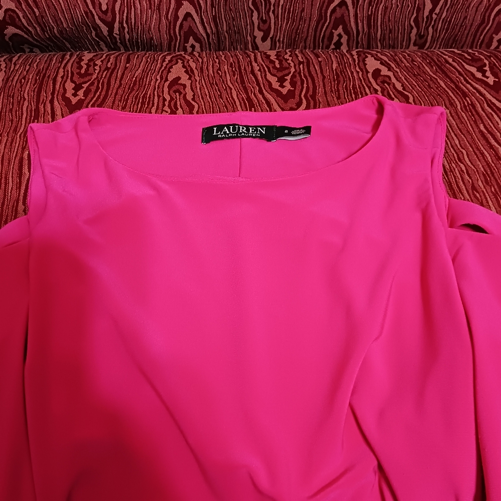 LAUREN RALPH LAUREN Dark Pink Cold-Shoulder Flare Sleeve Women's Size 2 - Picture 7 of 12
